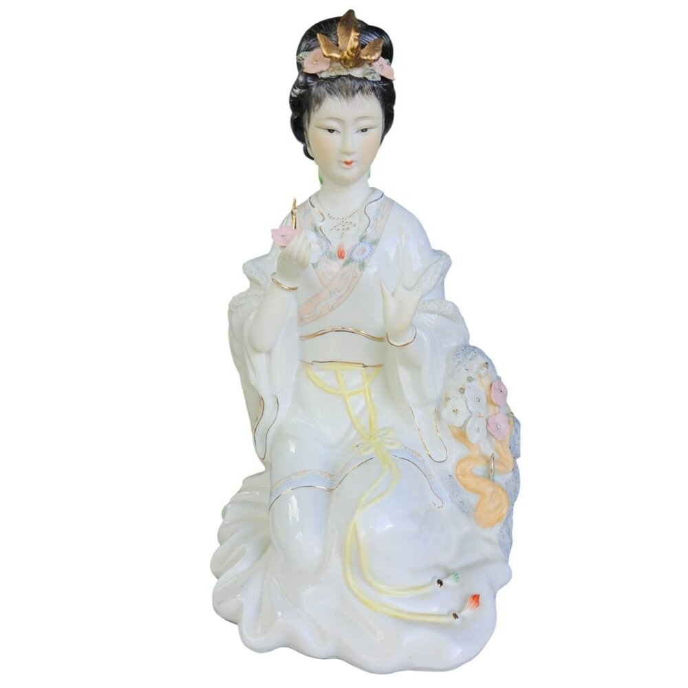 Vintage Porcelain‎ Chinese Geisha Girl Thinking Lotus Roses READ